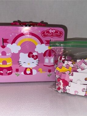 Hello Kitty Sanrio Pink Rainbow Tin Lunch Box + Puzzle Kawaii 2013